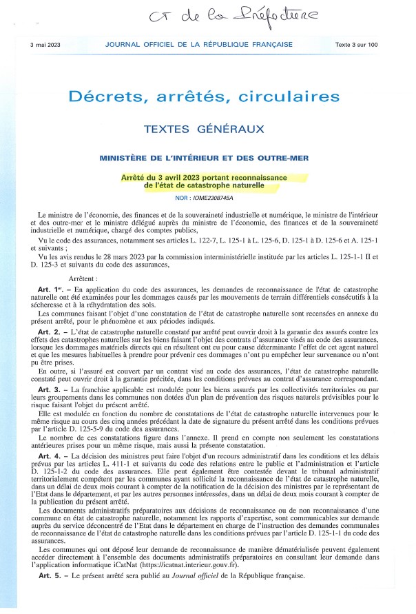Affiche decret catastrophe naturelle ete 2022