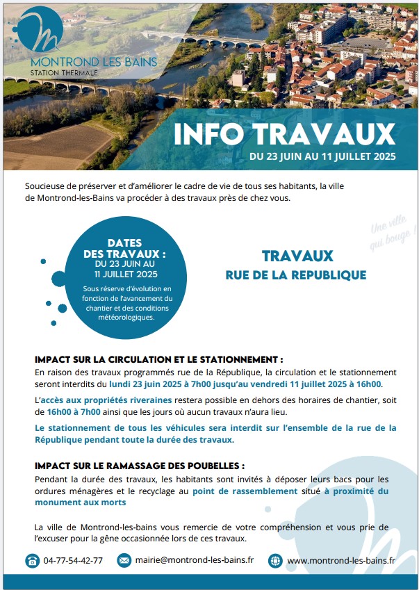 Info Travaux du 23 juin au 11 juillet Rue de la république